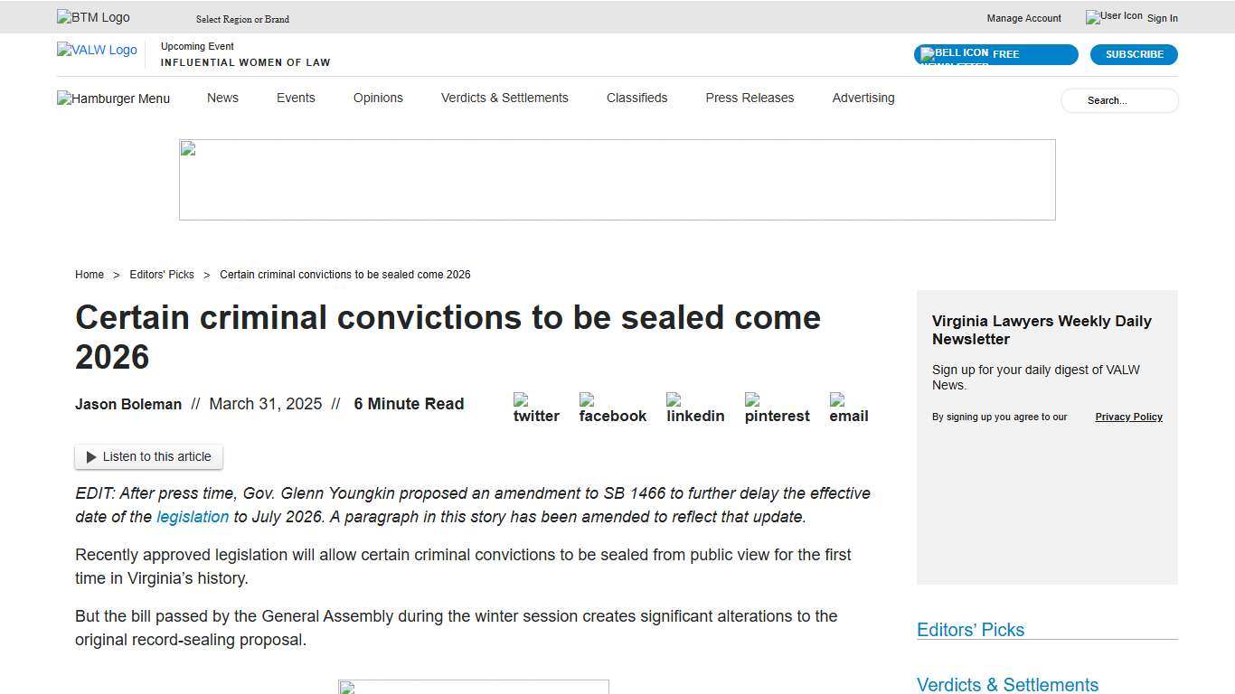 Certain criminal convictions to be sealed come 2026 Virginia Lawyers Weekly